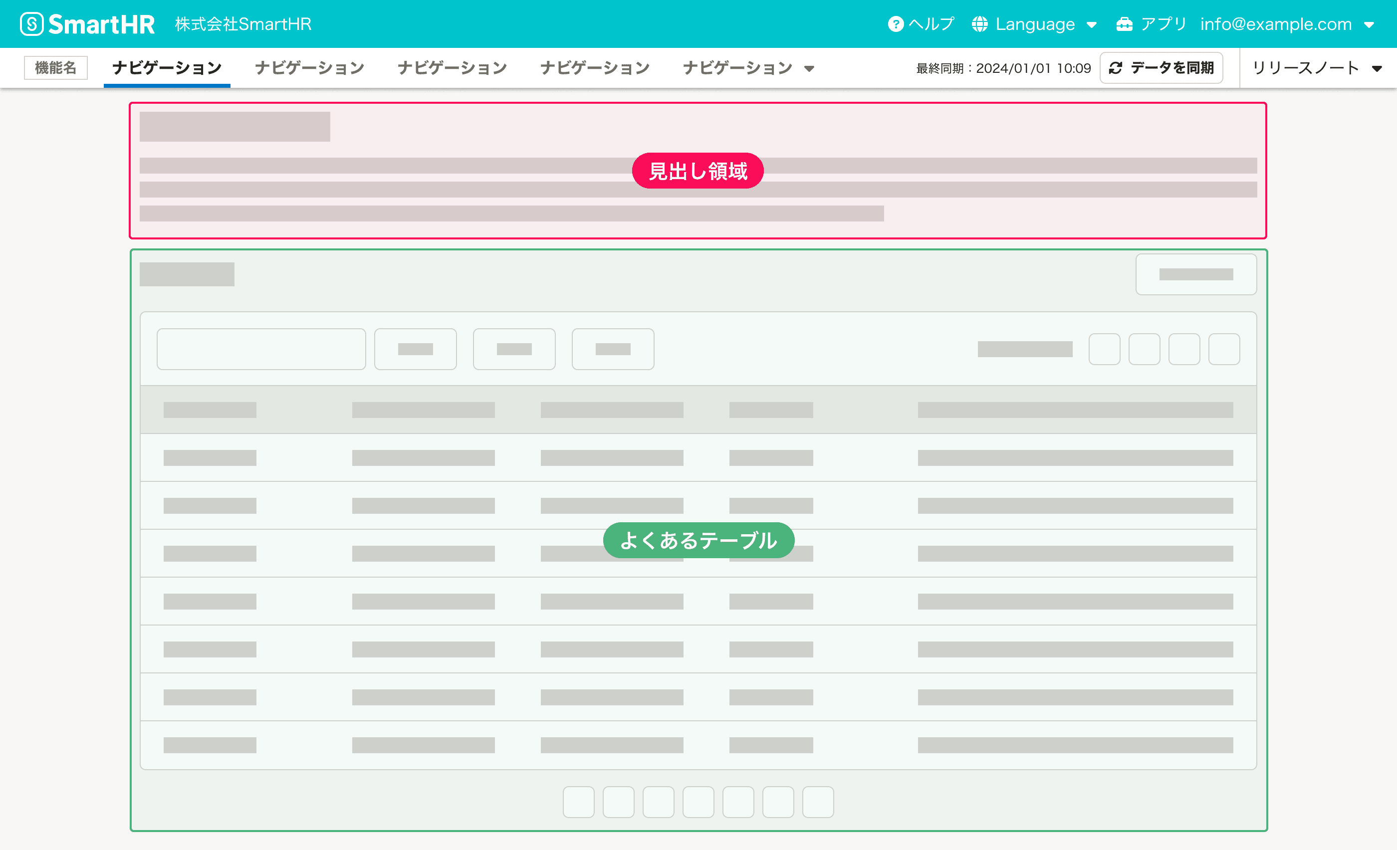 イメージ画像：ヘッダー・見出し領域・よくあるテーブルが垂直方向に積み重なっている